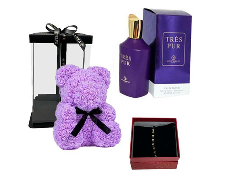 Set cadou fete, Ursulet floral din spuma, Parfum Grandeur Elite Tres Pure 100 ml si bratara zirconiu in cutiuta