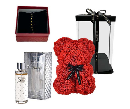 Set cadou fete, Ursulet floral din spuma, Parfum Chic"n Glam Diamond 100 ml si bratara zirconiu in cutie
