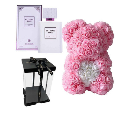 Set cadou fete, Ursulet floral roz cu inima alba din spuma 25 cm si Parfum Louis Varel Extreme Rose 100ml