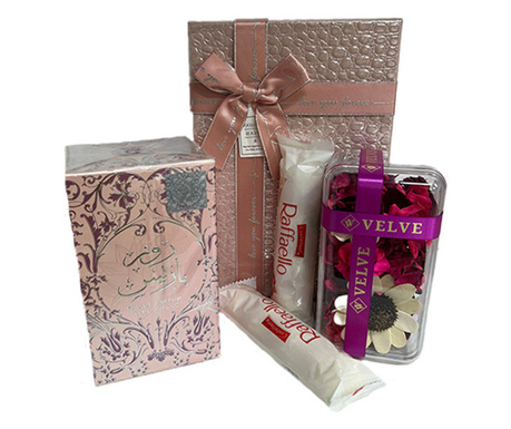 Set cadou Glamour pentru femei, Parfum Ajyad, Rose Paris 100ml, flori uscate parfumate, praline Raffaello si cutie roz eleganta