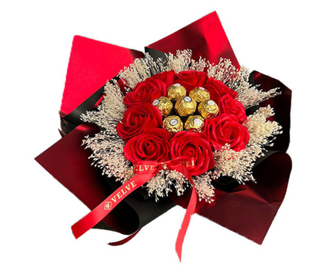Buchet cadou Delice, cu 7 praline Ferrero, 9 trandafiri de sapun si broom natural criogenat