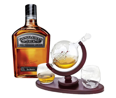 Pachet Drinks, Jack Daniel’s Gentleman Whisky 0.7L, set decantor cu doua pahare din sticla, design Glob Pamantesc, cu suport si