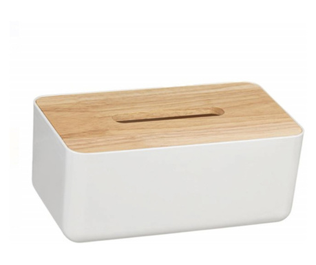 Кутия за салфетки Pufo с бамбуков капак, 23 x 13 cm, бяла/кафява