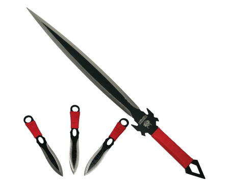 IdeallStore® vadászkészlet, Vörös Ronin kard és három dobókés készlet, rozsdamentes acél, fekete színben