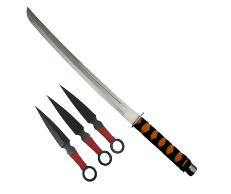 IdeallStore® vadászkészlet, Ninja Path kard és három dobókés készlet, rozsdamentes acél, fekete színben