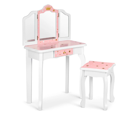 Masuta de toaleta, din lemn, pentru copii, cu 3 oglinzi, alb/roz, 60 x 29 x 98 cm