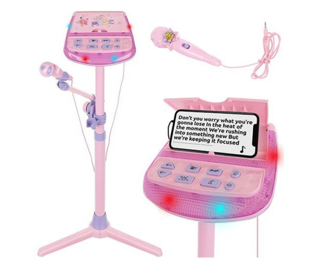 Microfon roz cu stativ cu conectare karaoke, aux, inaltime reglabila 60-100 cm