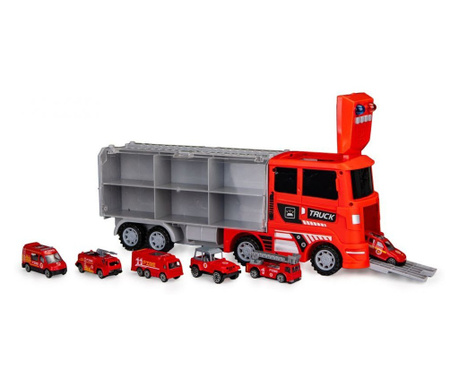 Set Camion cu 6 masinute de pompieri, TIR TRUCK tip transportor, 41 cm lungime
