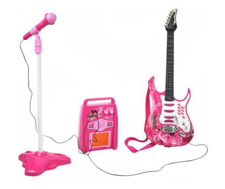 Chitara electrica cu amplificator si microfon pentru copii, Roz