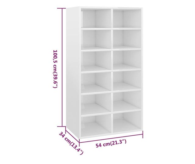 magasfényű fehér forgácslap cipőtartó 54 x 34 x 100 cm