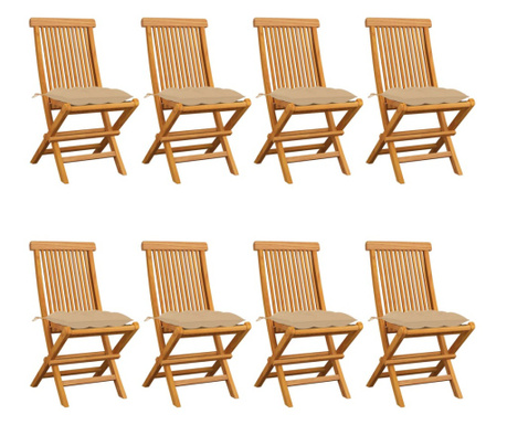 Градински столове с бежови възглавници 8 бр тиково дърво масив