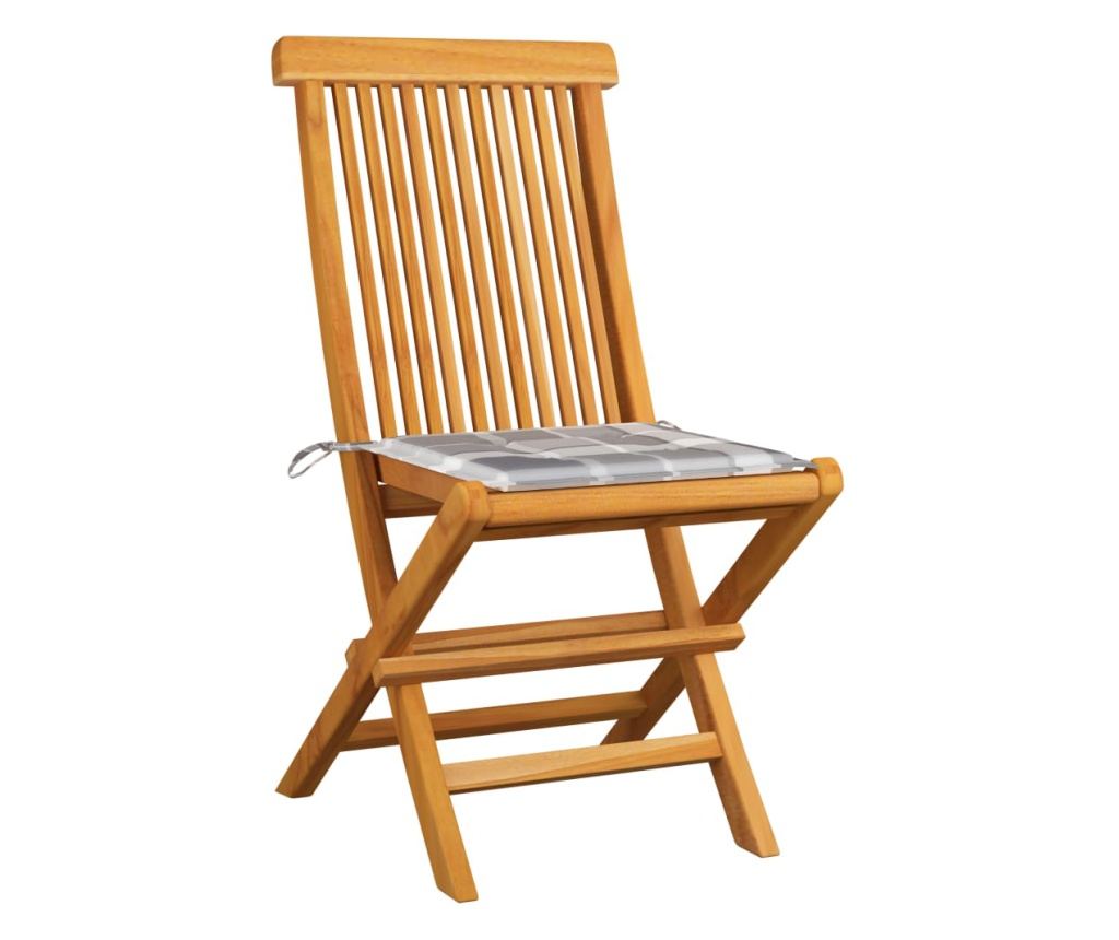 Градински столове, сиви карирани възглавници, 2 бр., масивна тикова дървесина - 2