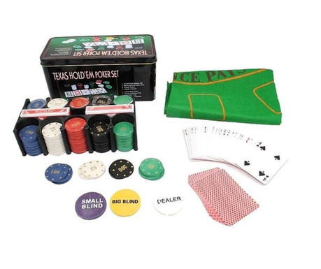 Set Poker Texas Hold’em 200, jetoane si carti, cutie metalica, accesorii