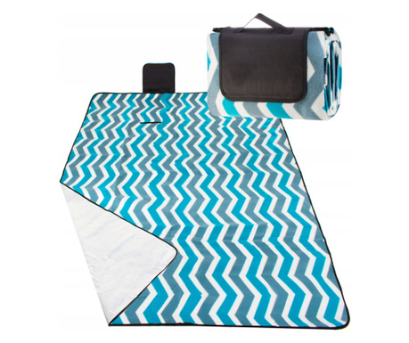 Patura pentru picnic sau plaja, cu folie izolatoare si maner, 160x200cm, alb albastru