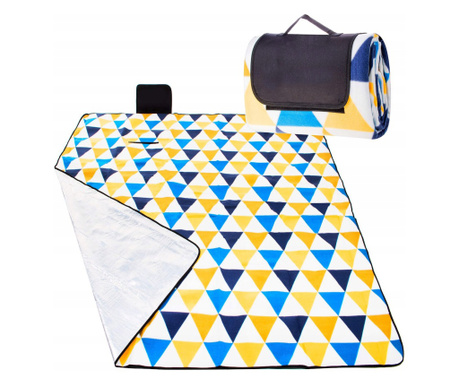 Patura pentru picnic sau plaja, cu folie izolatoare si maner, 200x200cm, albastru galben