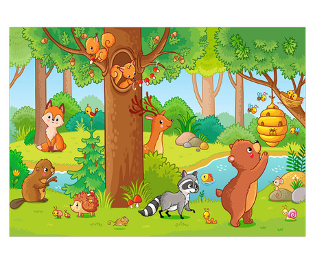 Fototapet copii Animale in Padure desenate, autoadeziv, 120 x 200 cm