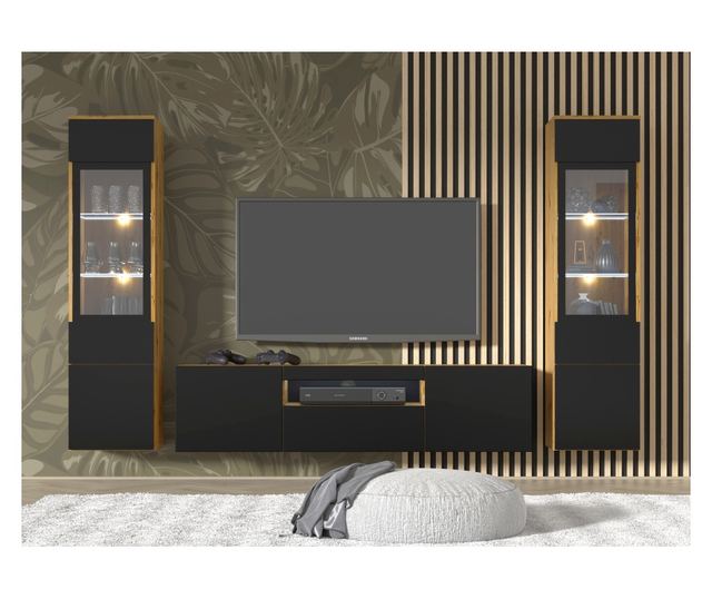 Витрина, AKL FURNITURE, Aura, 37x33x150см, бежово, черен, меламин, HDF, ABS