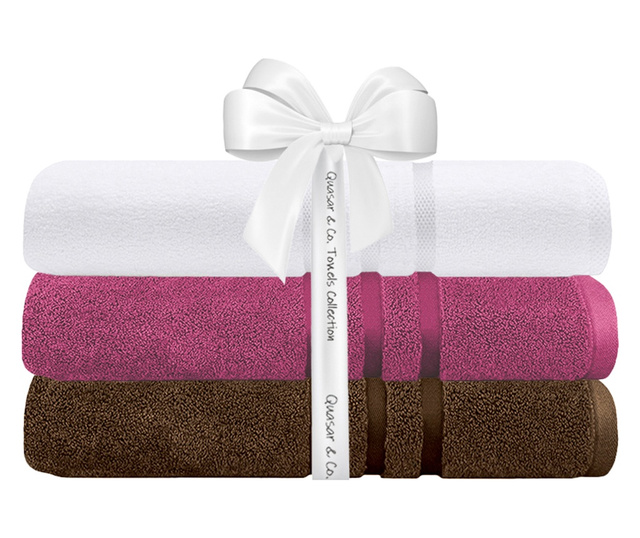 Set 3 prosoape Quasar & Co., Gift Pack, 100% bumbac, 3 x 70 x 140 cm, maro-fucsia