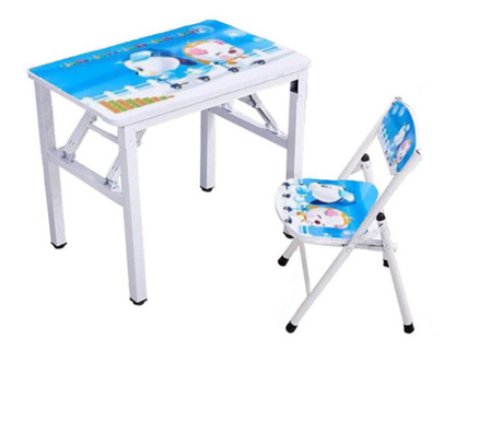 Set birou cu scaun pentru copii, pliabile, din metal si lemn, design interactiv, albastru cu ursuleti, buz