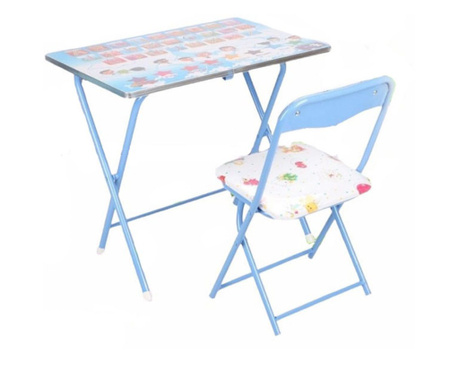 Set birou pliabil cu scaun copii, albastru, 60X40 CM, design litere si culori, buz