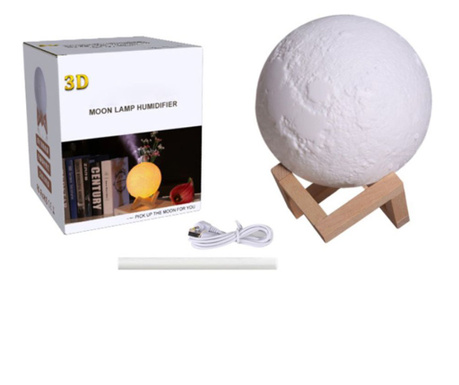 Lampa luna cu umidificator, 3D, veioza, aromaterapie, cu touch, stand lemn, alb cald si rece, buz