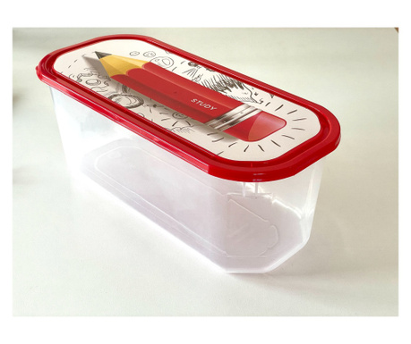 Plastična kutija za školski pribor - transparentna, crveni poklopac sa motivom olovke, COZZONI