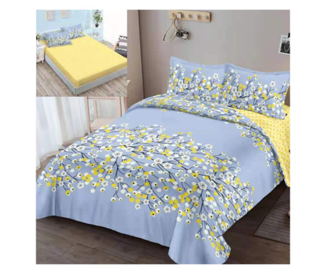 Спален комплект с ластик, полипамук, 4 части, двойно легло, синьо-жълт, R4E-17