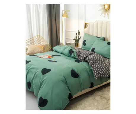 Спален комплект за 2 момичета, полипамук, 4 части, двойно легло, зелено черно, зелена любов, R4-414