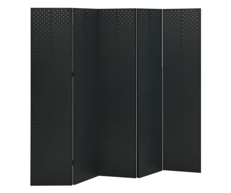 Zaslon za sobo s 5 paneli, črn, 200x180 cm, jeklo