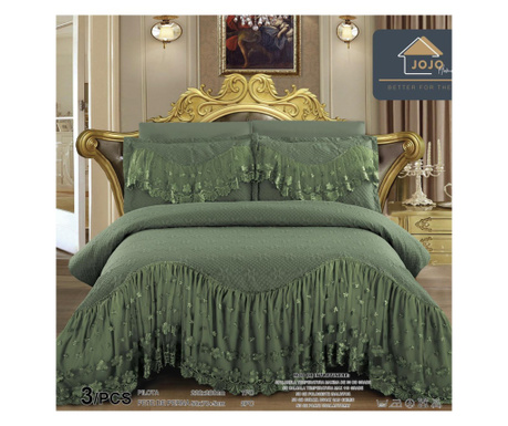 Комплект покривки за легло с волани, обикновен, фин памук, двойно легло, 3 части, маслина, CVJ-30