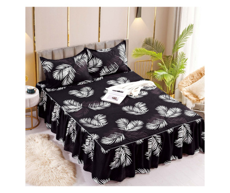 Комплект чаршафи с волани и 2 калъфки за възглавници, фин памук, двойно легло, черни, бели папрати, CPVJ-03