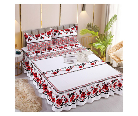 Комплект чаршафи с волани и 2 калъфки за възглавници, фин памук, двойно легло, червено бяло, традиционни цветя, CPVJ-11