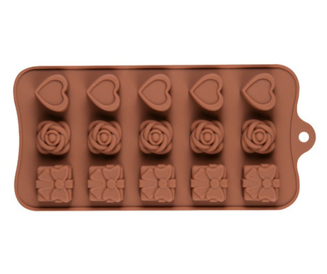 Forma din Silicon pentru Praline din Ciocolata, Bomboane, Jeleuri sau Cuburi de Gheata, Inima, Floare si Cadou, 21 x 10 x 1 cm,