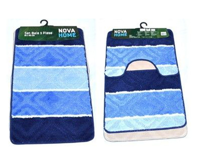 3 db nagy fürdőszobai szőnyeg készlet, Nova Home, kék csíkos, 50x80 cm