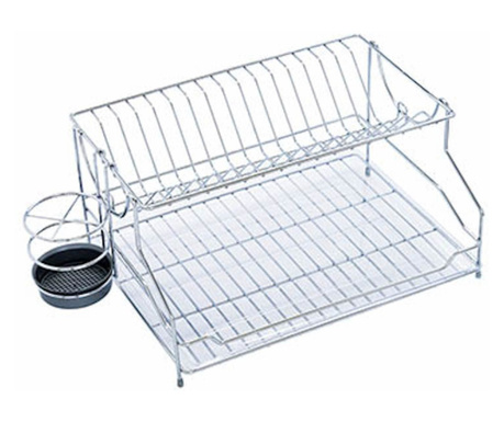 Сушилник за чинии и чаши на 2 нива с поставка за прибори с хромирано покритие и пластмасова цедка, 54 х 21 х 32 см
