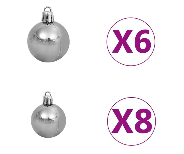 Set božićnih kuglica s topperom i 150 LED dioda, 61 komad, bijela i siva