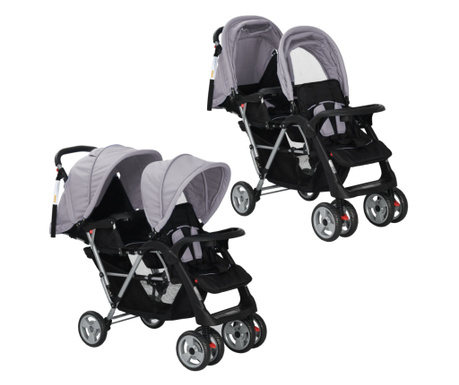 Dvojni otroški voziček jeklen sive in črne barve
