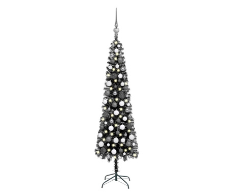 Úzký vánoční stromek s LED diodami a sadou koulí černý 120 cm