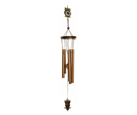 Clopotel de vant cu 5 tuburi sonore metalice pentru casa sau gradina, model Feng-Shui cu bufnite, auriu