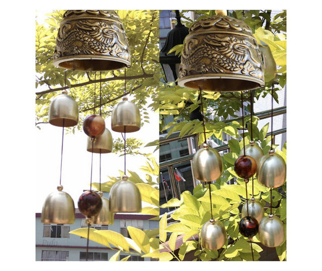 Вятърно звънче с цвете камбанула и 6 камбанки за дома или градината, модел със слончета