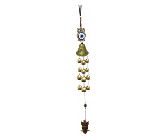 Clopotel de vant cu floare de campanula si 6 clopotei pentru casa sau gradina, model cu bufnite