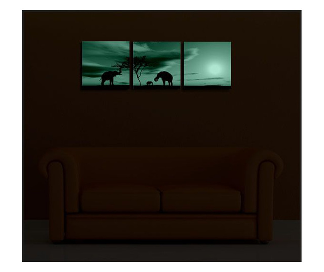 Set tablou DualView Startonight Elefanti, luminos in intuneric, 60 x 180 cm (3 piese 60 x 60 cm)