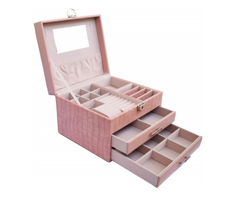 Pufo Glamour елегантна дамска кутия за съхранение и организиране на бижута и аксесоари, розова, двуетажен модел