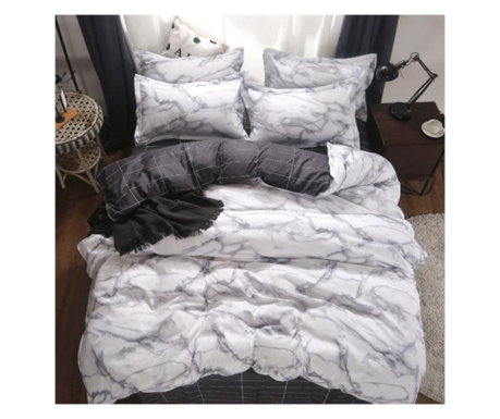 Спален комплект за 2 момичета, полипамук, 4 части, двойно легло, бяло сиво, мрамор, R4-563