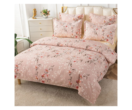 Комплект спално бельо Спално бельо с ластик, фин памук, 6 части, двойно легло, прахообразно розово, FNPE-53