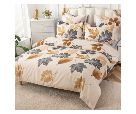 Комплект спално бельо Спално бельо с ластик, фин памук, 6 части, двойно легло, сиво бежово, есенни листа, FNPE-52