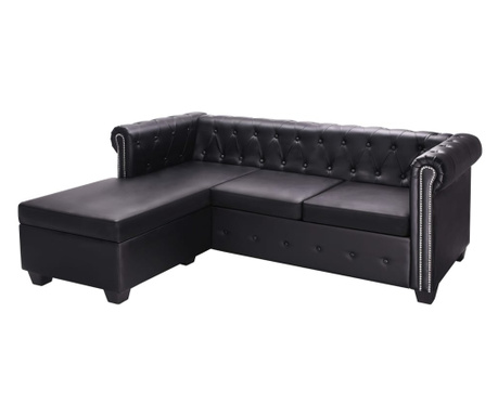 Canapea Chesterfield în formă de L, piele artificială, negru