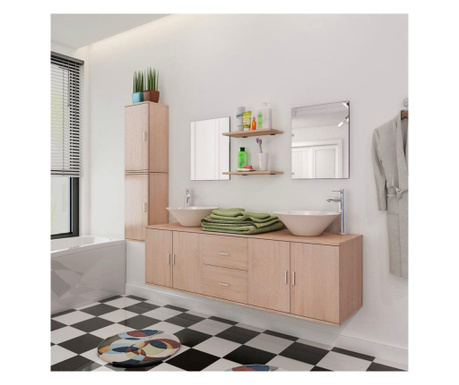 Комплект мебели за баня от 11 части с включени мивки и смесители, Бежов