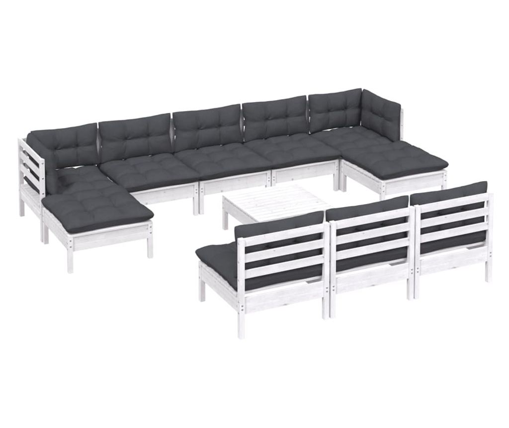Set vrtnega pohištva s blazinami, 11 kosov, bela, borovo les. - 3