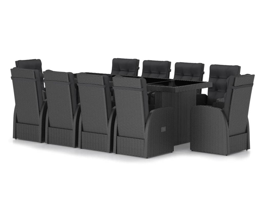 Комплект градински мебели с възглавници, 11 части, Черен, Поли ратан - 2